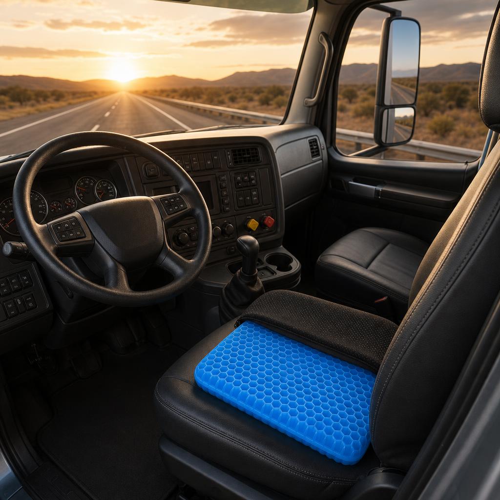 Gel seat cushion on a semi truck driver's seat
